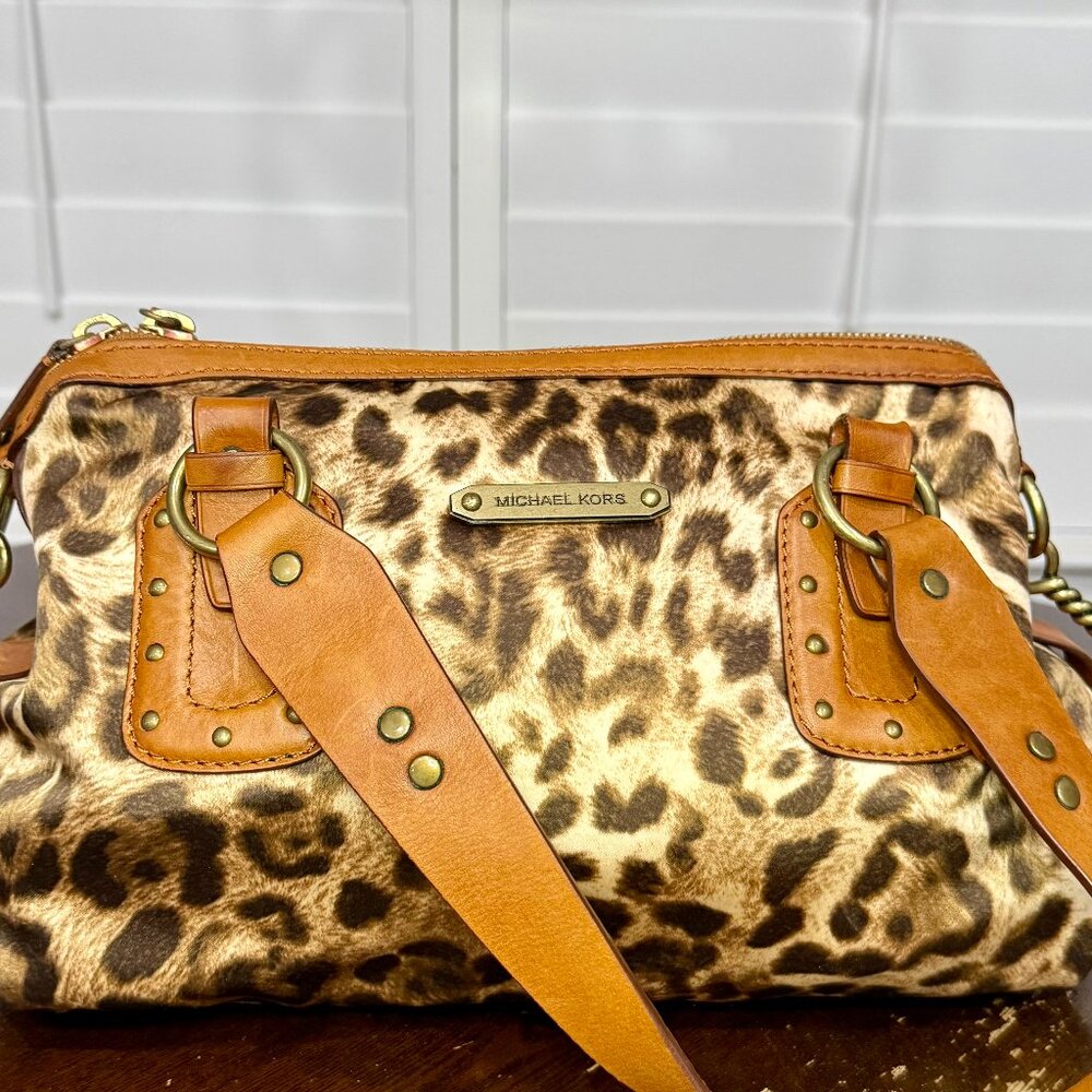 Michael Kors Leopard Print Haircalf Satchel Bag Tan Brown